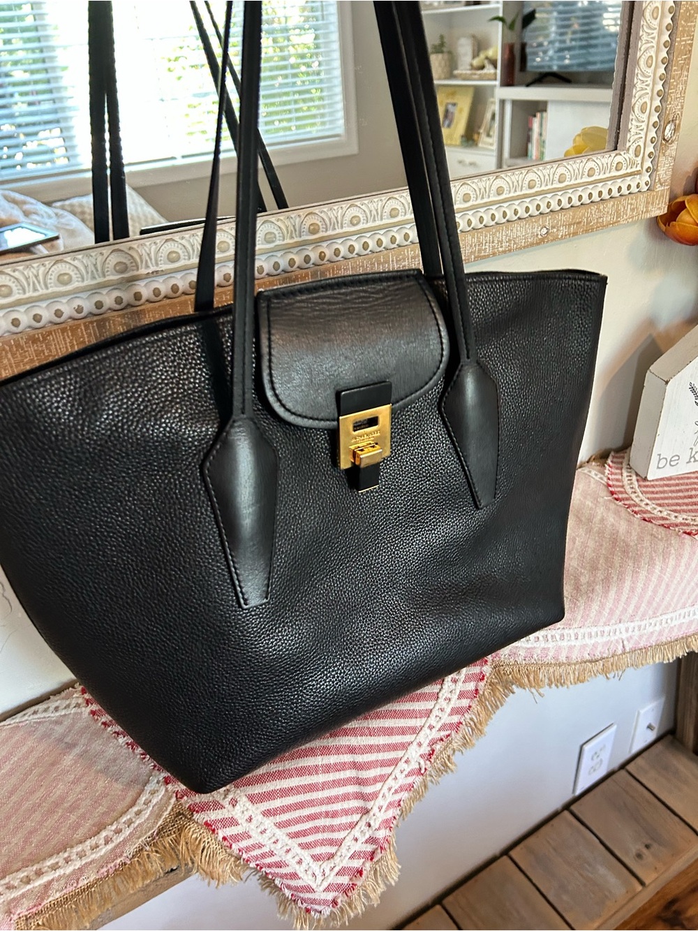 $890 MSRP Michael Kors collection tote, black pebbled leather/suede interior